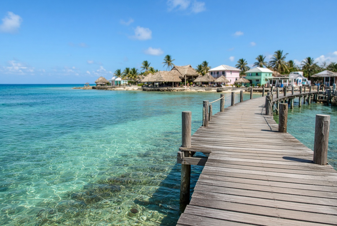 Wooden pier over clear water at Ambergris Caye