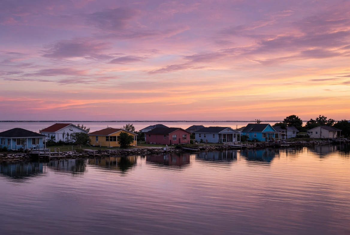 Waterfront houses on Corozal Bay at dusk